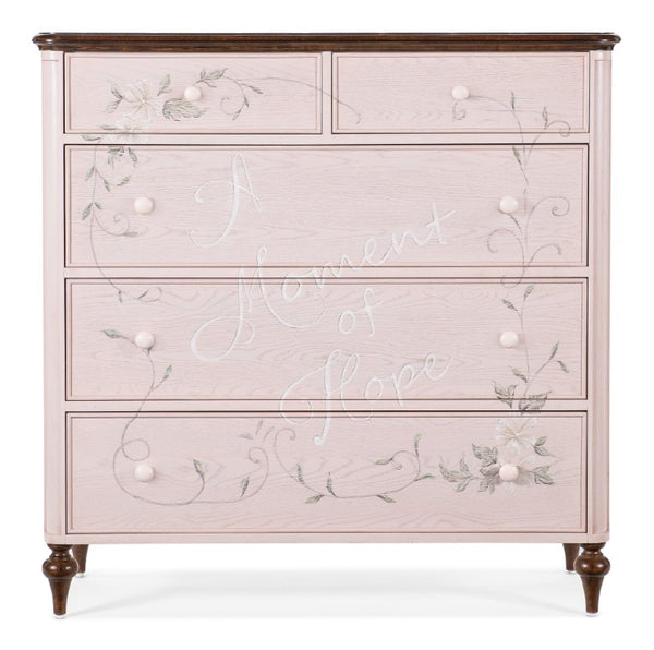 Hooker Furniture Moment Of Hope Chest — Pink Handpainted Floral Dresser With 5 Self-Closing Drawers, Oak/Walnut Veneer, Charity Support 5000-85001-61