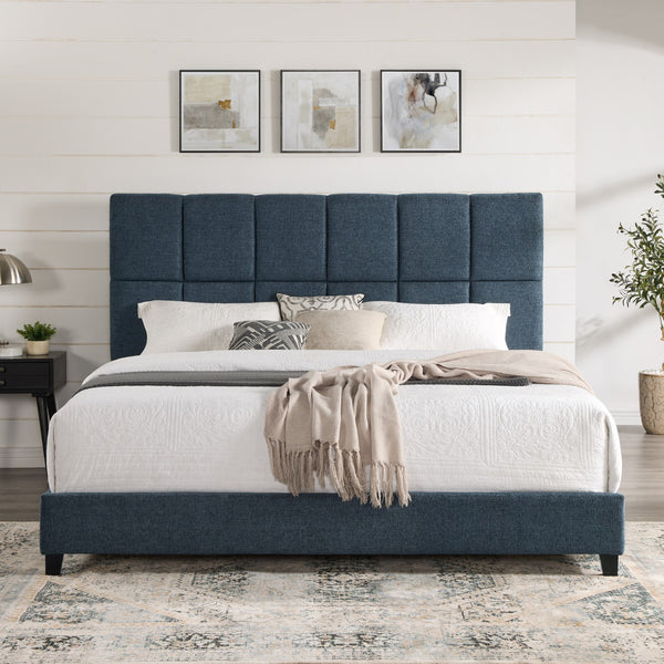 Legends Furniture Bridgevine Home King Size Navy Blue Denim Squares Upholstered Platform Bed Endurance Denim, Blue  Zbrd-7000kg