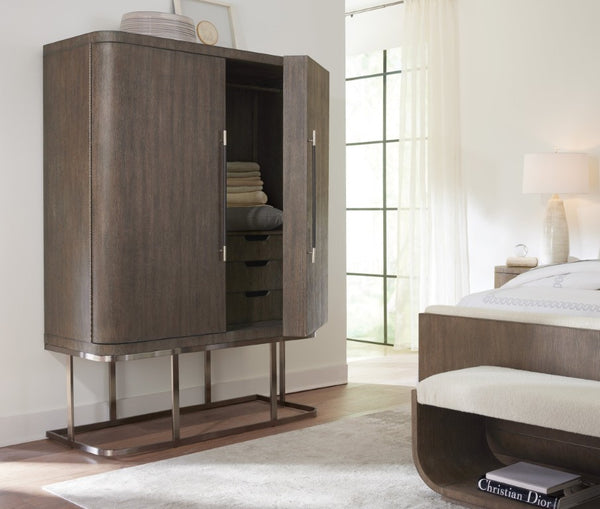 Hooker Furniture Modern Mood Wardrobe With Floating Base, Oak Veneer, Integrated Mirror & Jewelry Organization Elegance Medium Brown 6850-90013-89