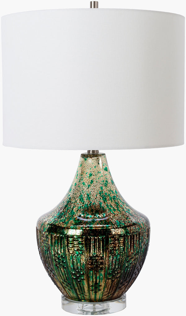 Surya Dundas Elegant 27" Traditional Table Lamp With Crystal Base & Linen Shade For Cozy Living Spaces Body, Emerald Glass,Crystal,Linen,Iron Dds-001