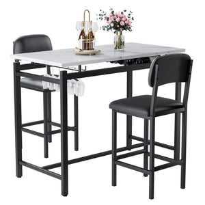 English Elm Kitchen Bar Table Set for 2 with Padded PU Chairs, Rustic Black & Grey 3-Piece High Dining Set, Sturdy Steel Frame, Space-Saving for Apartments W578P150069