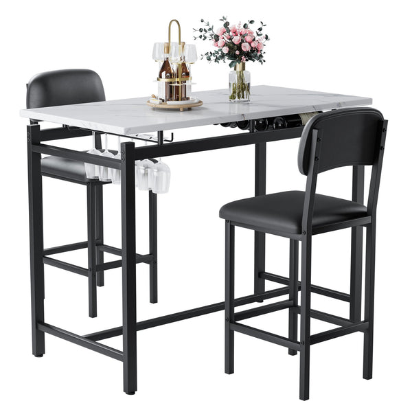 English Elm Kitchen Bar Table Set for 2 with Padded PU Chairs, Rustic Black & Grey 3-Piece High Dining Set, Sturdy Steel Frame, Space-Saving for Apartments W578P150069