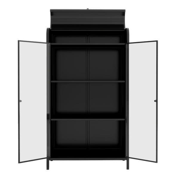 English Elm 47.6" Metal Storage Cabinet Antique Black with Tempered Glass Doors Flip-Top 4-Tier Display Buffet W3122P272697