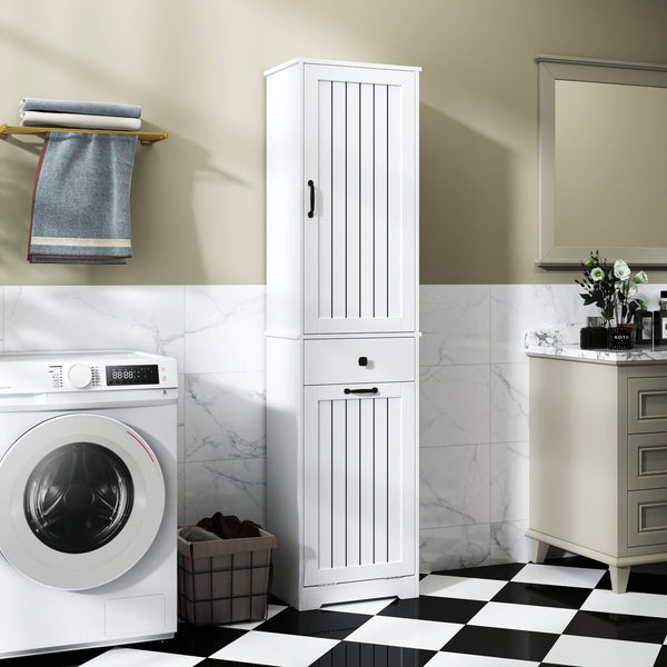 English Elm Laundry Cabinet with Drawer & Removable Laundry Bag Organizer, White MDF Particleboard, Slim 39.4" x 20.7" x 8.7" W331P235403