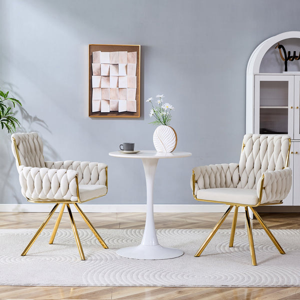 English Elm Set of 2 Velvet Upholstered Dining Chairs Braided Rope Back Glam Metal Legs Beige,Gold W3875P383929