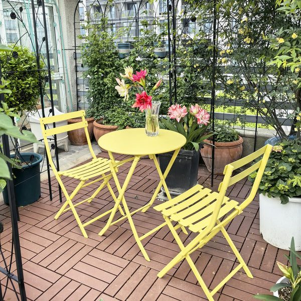English Elm 3 Piece Outdoor Bistro Set Foldable Steel Cafe Table Chairs Powder Coated Patio Yellow W1586P143143