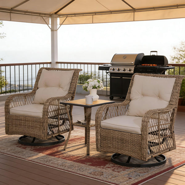 English Elm Wicker Pe Rattan 3 Piece Outdoor Bistro Set with Swivel Glider Chairs for Balcony T3971P446017