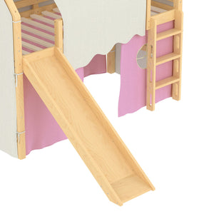 English Elm Twin Pine Loft Bed with House Frame Tent Led Lights Slide and Floor Space Below W1580S00289