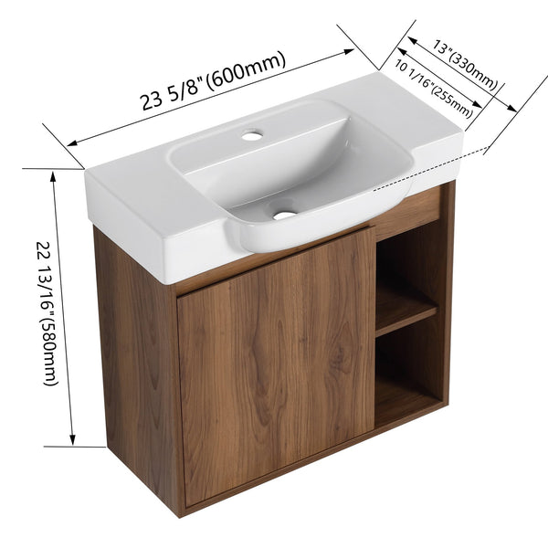 English Elm 24'' Wall-Mounted Bathroom Vanity with White Ceramic Sink, Soft-Close Door, Open Shelves, Moisture-Resistant Finish W999P263406