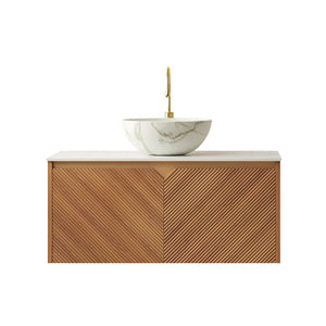 English Elm Dina Floating Bathroom Vanity Sintered Stone Top Glass Basin Striped Plywood Cabinet W2615S00579