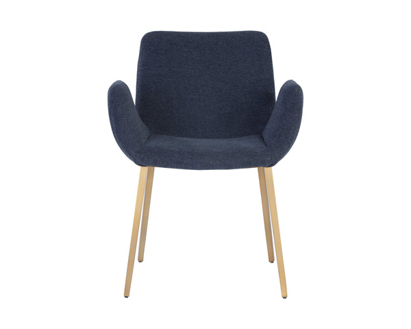Sunpan Lucano Dining Armchair - Elegant Scooped Design with Vertical Channel Tufting and Gold Legs Belfast Navy