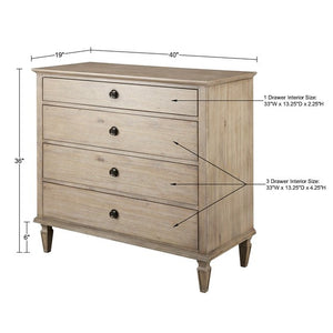 English Elm Victoria Small Dresser — French-inspired wire-brushed birch veneer, velvet-lined top drawer, antique pulls, tapered legs, 40"W x 36"H, 150lb top capacity B03548942