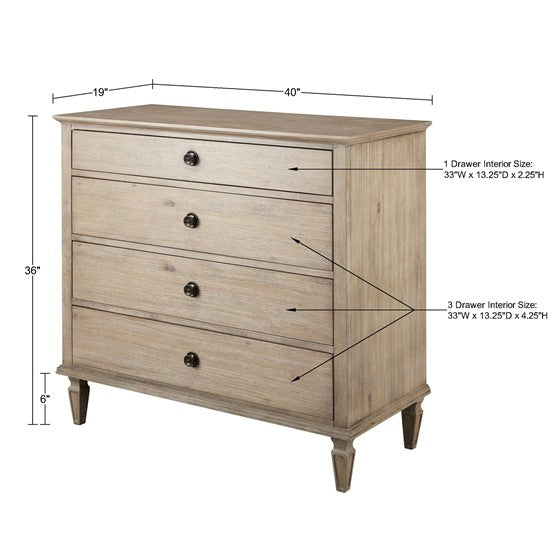 English Elm Victoria Small Dresser — French-inspired wire-brushed birch veneer, velvet-lined top drawer, antique pulls, tapered legs, 40"W x 36"H, 150lb top capacity B03548942