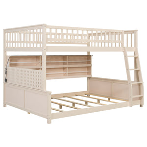 English Elm Full Xl Over Queen Bunk Bed Pinewood Frame with Led Lights Shelving Pegboard Beige LT000279AAA
