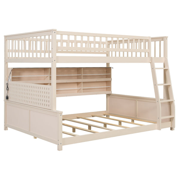 English Elm Full Xl Over Queen Bunk Bed Pinewood Frame with Led Lights Shelving Pegboard Beige LT000279AAA