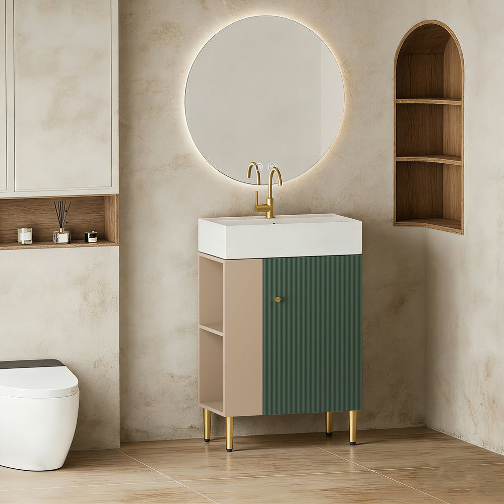 English Elm 21.6" Compact Bathroom Vanity Green Finish Wave Door Ceramic Sink Open Shelf Storage W1573S00021