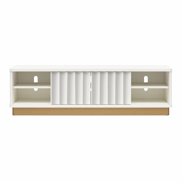 English Elm Rene Glossy White Scalloped TV Stand with Sliding Doors & Gold Base for TVs up to 65" — Chic Organizer B2733P395076