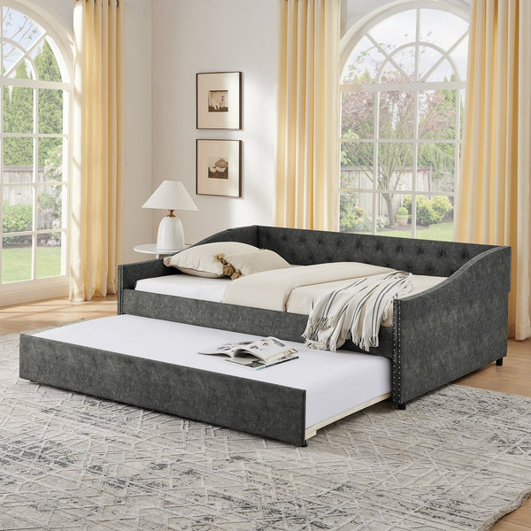 English Elm Full Size Upholstered Daybed with Trundle Usb Ports Tufted Back Wave Arms W1413S00159