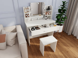 English Elm One drawer dresser table Ancient White Vanity with Stool, Adjustable Mirror, Compact Elegant Makeup Station W2139P306364