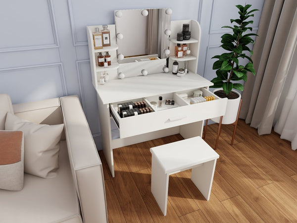 English Elm One drawer dresser table Ancient White Vanity with Stool, Adjustable Mirror, Compact Elegant Makeup Station W2139P306364