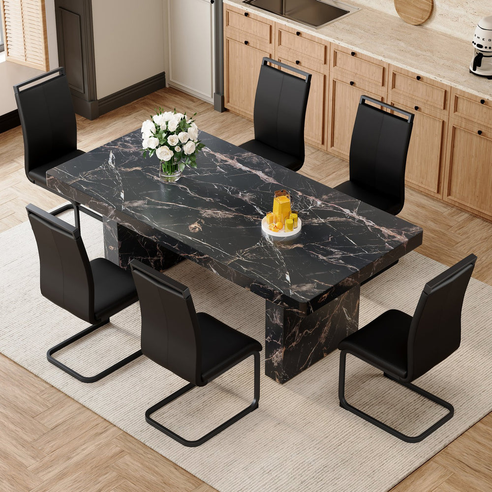 English Elm Table and Chair Set Seating 6 with Marble Mdf Top and Black Pu Upholstered W1151S03987