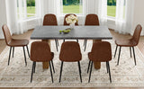 English Elm Table and Chair Set.Cozy Modern Mdf Dining Set - 67"X35.4" With 8 Comfortable Technology-Fabric Brown Chairs With Round Corner Design.Suitable For Home Dining Rooms,Hotels,Other Commercial Spaces.