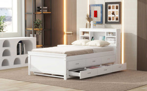 English Elm Twin Platform Bed with Storage Headboard, Pull-Out Trundle & 3 Drawers, USB Ports, Solid Wood Durability White GX000715AAK
