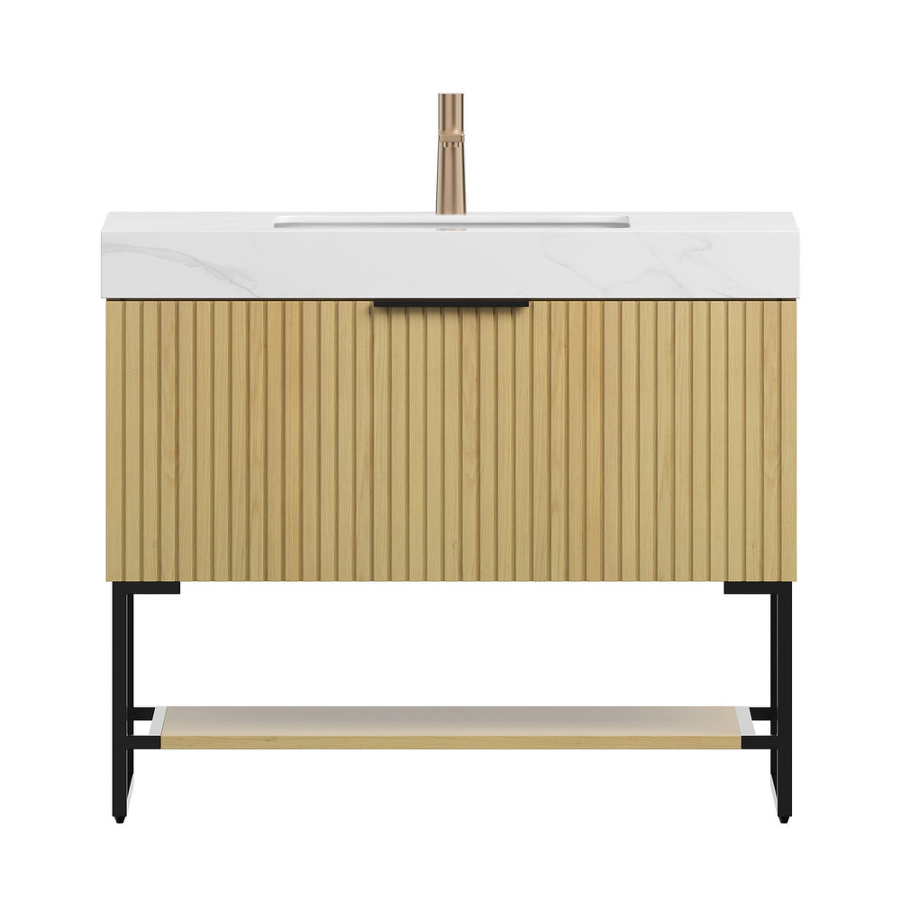 English Elm YOLAN 36" Bathroom Vanity with Integrated Solid Surface Basin, Pre-Assembled Plywood Cabinet, Soft-Close Drawer and Open Towel Shelf Black,Carrara White,Golden Oak,White W2615S00363