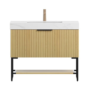 English Elm YOLAN 36" Bathroom Vanity with Integrated Solid Surface Basin, Pre-Assembled Plywood Cabinet, Soft-Close Drawer and Open Towel Shelf Black,Carrara White,Golden Oak,White W2615S00363