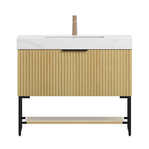 English Elm YOLAN 36" Bathroom Vanity with Integrated Solid Surface Basin, Pre-Assembled Plywood Cabinet, Soft-Close Drawer and Open Towel Shelf Black,Carrara White,Golden Oak,White W2615S00363