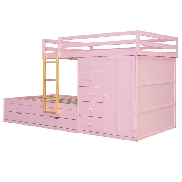 English Elm Full Size Bunk Bed with Integrated Drawers Wardrobe Mdf Solid Wood Kids Storage Pink LT000463AAH