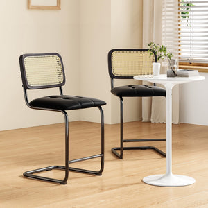 English Elm Farini Velvet Counter Height Bar Stools Set of 2 with Rattan Back, Cantilever Comfort & Floor Protectors Black T3623P354965