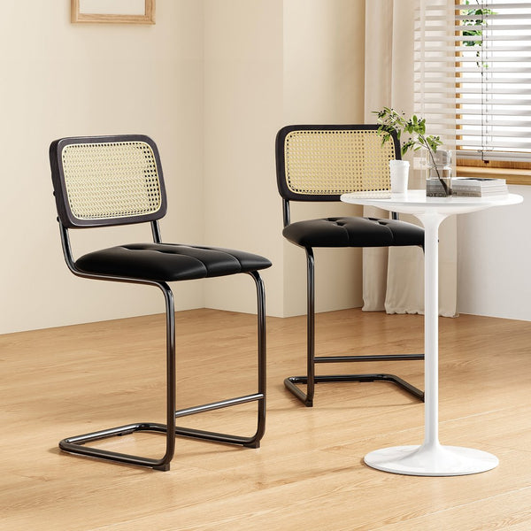English Elm Farini Velvet Counter Height Bar Stools Set of 2 with Rattan Back, Cantilever Comfort & Floor Protectors Black T3623P354965