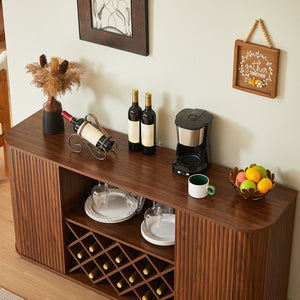 English Elm 58" Wavy Curved Sideboard with Wine Rack Glassware Holder and Adjustable Shelves Walnut W1162P386373