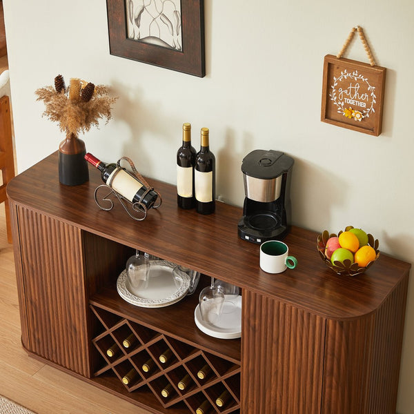 English Elm 58" Wavy Curved Sideboard with Wine Rack Glassware Holder and Adjustable Shelves Walnut W1162P386373