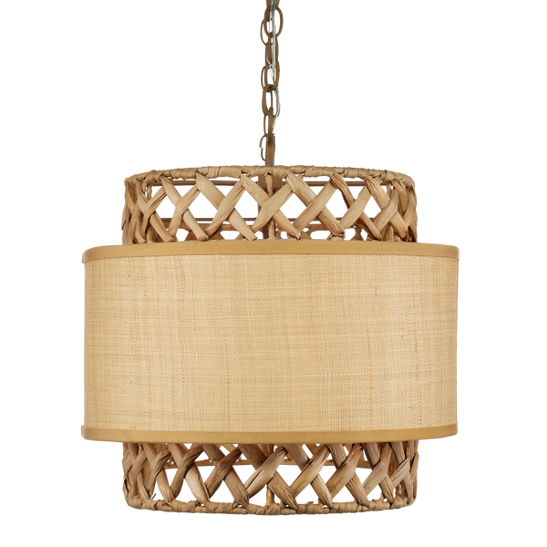Isola Chandelier - Contemporary Khaki Wrought Iron Light with Natural Water Hyacinth & Grasscloth