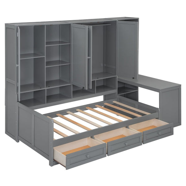 English Elm Twin Size Wooden Daybed With Integrated Desk, Storage Drawers, And Shelves - Stylish Gray Design! N820S00054E-GIGA