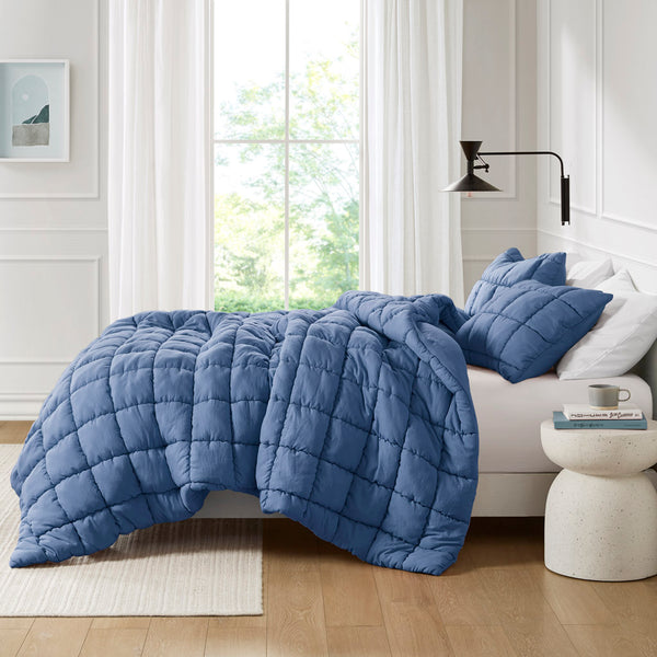 JLA Home Intelligent Design - Down Overfilled Alternative Comforter Set with 3D Puff Stitching, Crinkled Quilt & OEKO‑TEX Safety Navy ID10-2310