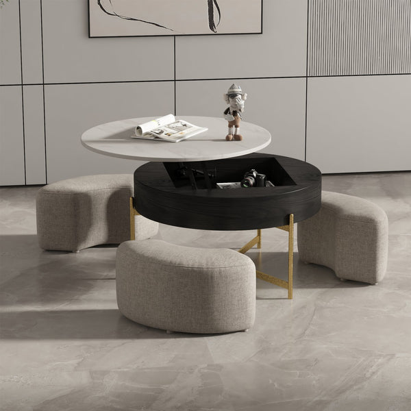English Elm Vita Modern 31.5" Round Lift-Top Coffee Table Set with Iron Legs and Storage Shelves, Stylish Black,Light beige B341S00043
