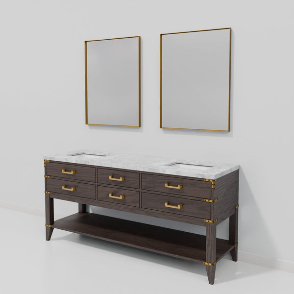 English Elm Brown Oak Double Bath Vanity With Carrara Marble Top & Mirrors - Elegant Storage Solution 72"W X 22"D B2731S01640