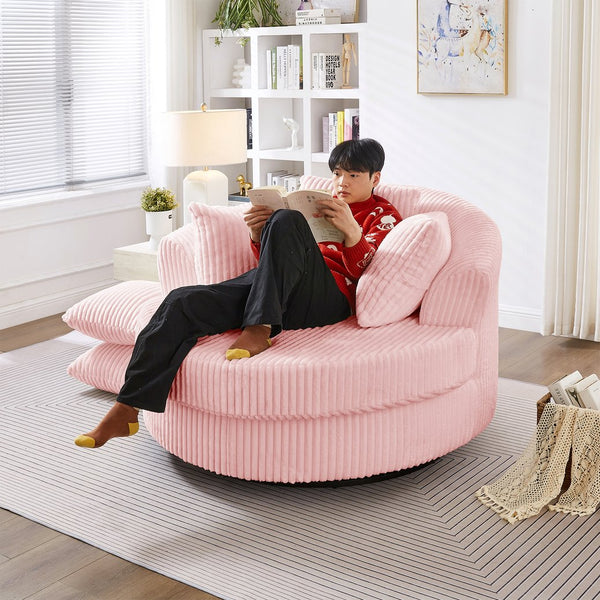 English Elm 360° Swivel Round Corduroy Lounge Chair Oversized Sculptural Seat for Living Room Pink W3705S00040