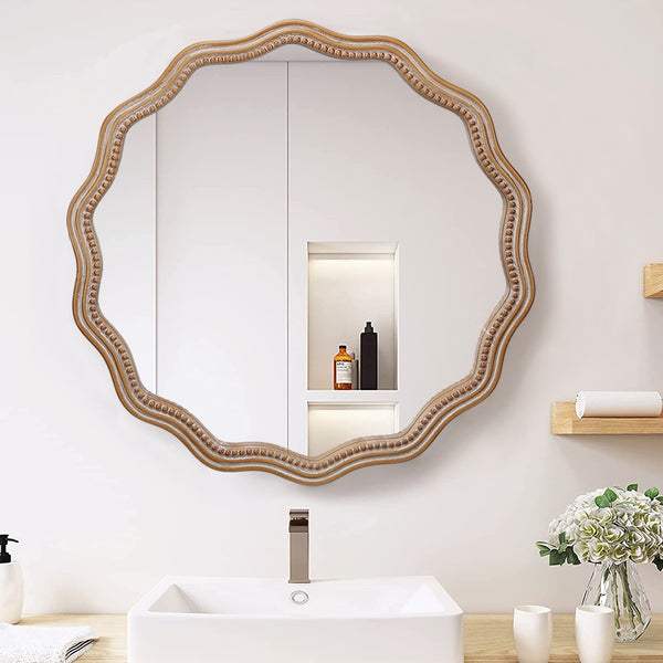 English Elm 23.62 Antique Natural Wood Round Wavy Wall Mirror with Scalloped Frame Modern Farmhouse Decor W2295P290646