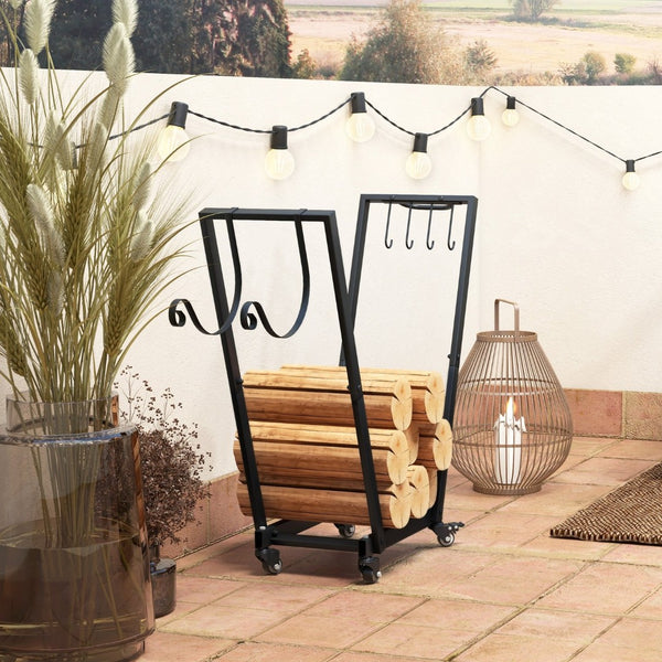 English Elm Outsunny 31" Portable Firewood Rack With Swivel Casters, Hooks & Sturdy Design For Indoor/Outdoor Use W2225P249990-GIGA