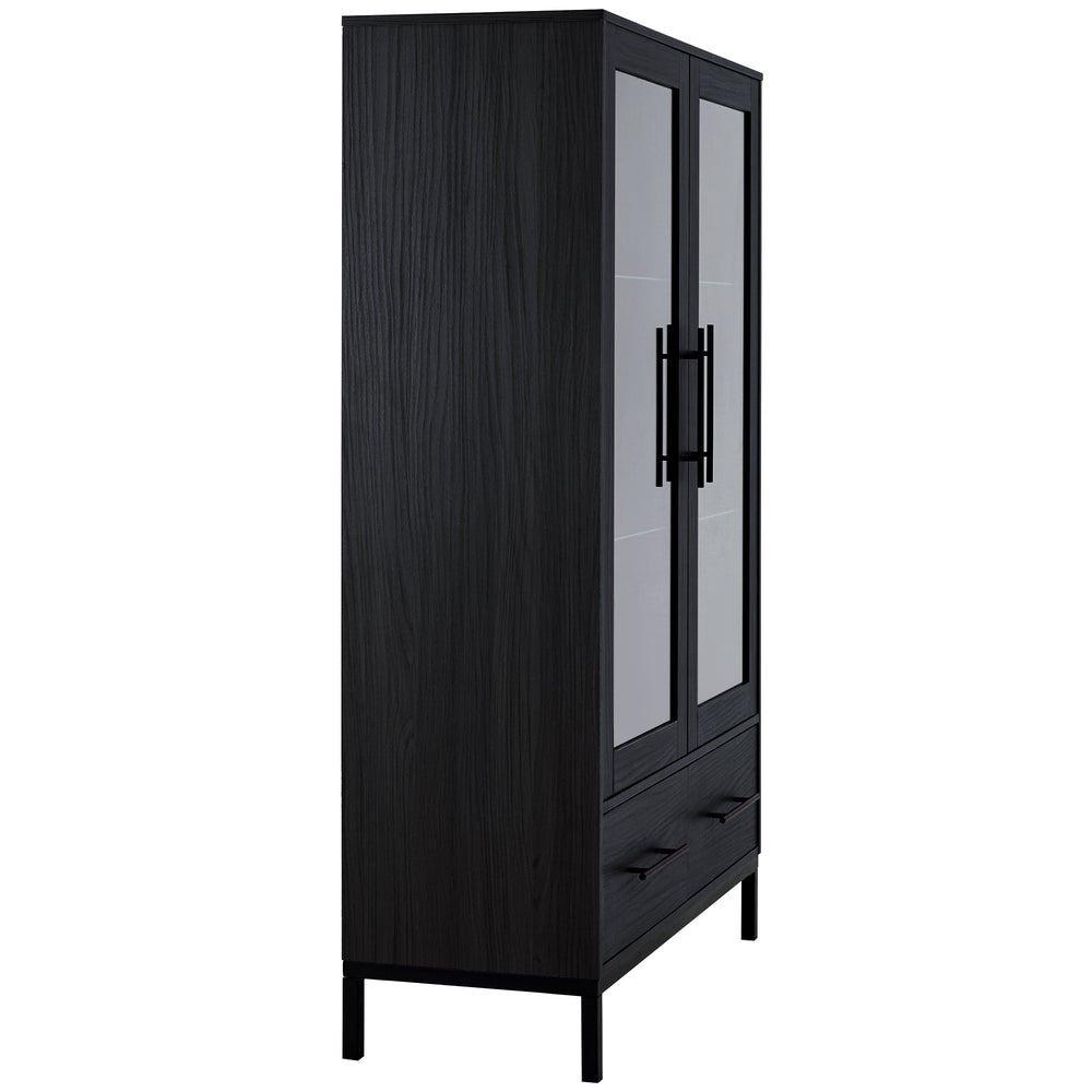 English Elm 60'' Tall Display Cabinet with LED Lighting, Tempered Glass Doors, 4 Adjustable Shelves & Drawers Black N845P261801B