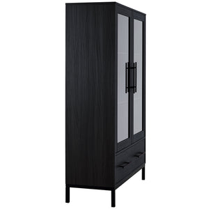 English Elm 60'' Tall Display Cabinet with LED Lighting, Tempered Glass Doors, 4 Adjustable Shelves & Drawers Black N845P261801B