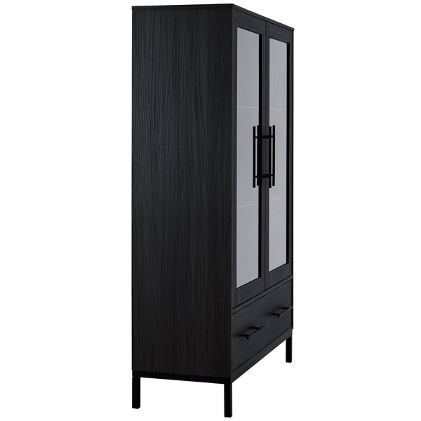 English Elm 60'' Tall Display Cabinet with LED Lighting, Tempered Glass Doors, 4 Adjustable Shelves & Drawers Black N845P261801B