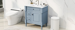English Elm 30" Freestanding Bathroom Vanity Rubberwood Frame Ceramic Sink Flip Drawer Storage Blue+Grey N725P356062E