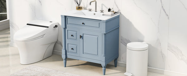 English Elm 30" Freestanding Bathroom Vanity Rubberwood Frame Ceramic Sink Flip Drawer Storage Blue+Grey N725P356062E