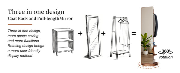 English Elm 360° Swivel Full Length Mirror with Coat Hooks Solid Rubberwood Frame Bedroom Entryway W2987P225479