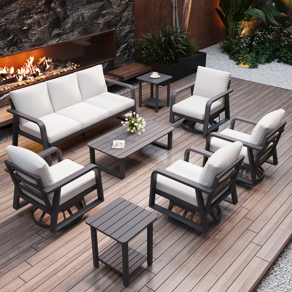 English Elm Fr Outdoor 7 Piece Aluminum Patio Set with Swivel Rockers and Memory Foam Cushions T5925S00003